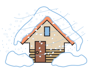暴風雪で天候があれている中に建つ家のイラスト