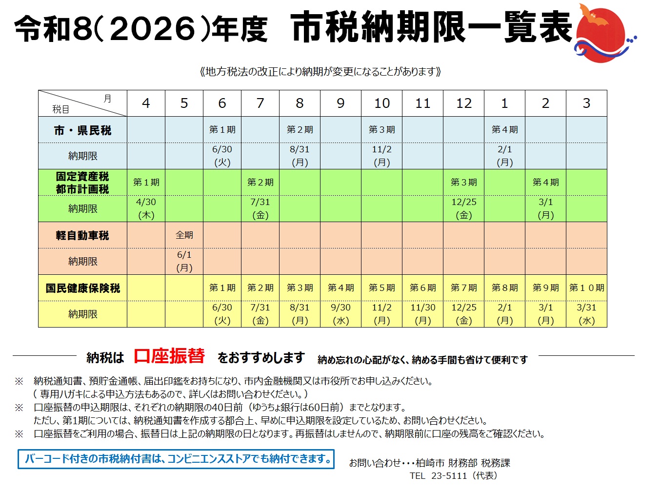 令和8(2026)年度市税納期限一覧表