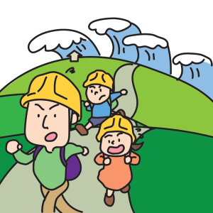 津波から走って逃げる大人と子どものイラスト