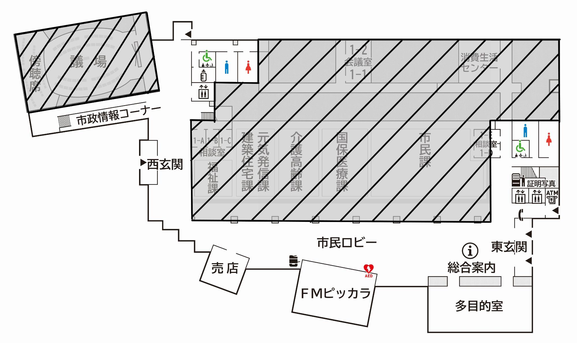 市民ロビーの図面です。多目的室、FMピッカラ、売店、市政情報コーナーがあります。