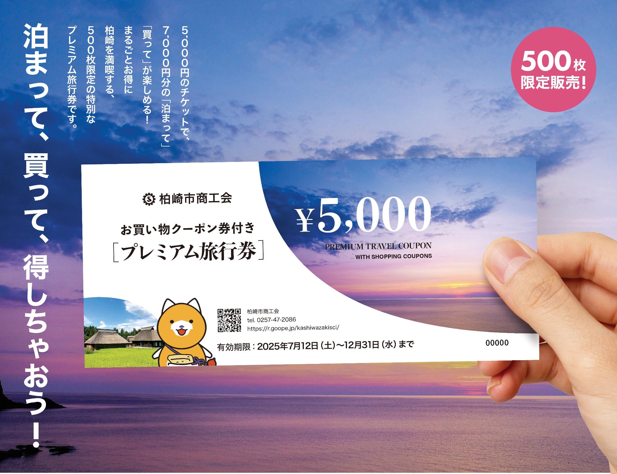 「プレミアム旅行券」チラシの画像です。旅行券の特徴と500枚限定と書いてあります。