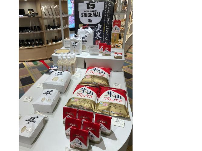 写真:右側には米山プリンセス、左側には重野農産さんの「しげまいせいしょう」が陳列された平棚