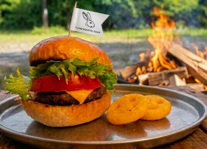 写真:猪肉100%のパティとレタス・トマトを挟んだジビエバーガー。フライドポテトが添えられています