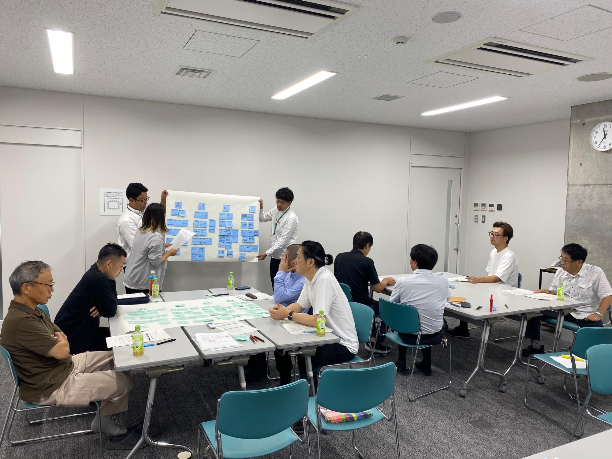 写真:第2回委員会の様子。空き家問題の問題定義と原因分析について、委員と支援法人がワークショップを行っています。