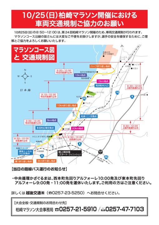 柏崎マラソンの交通規制図。柏崎港から柏崎刈羽原子力発電所までの道路が時間により通行止めになります
