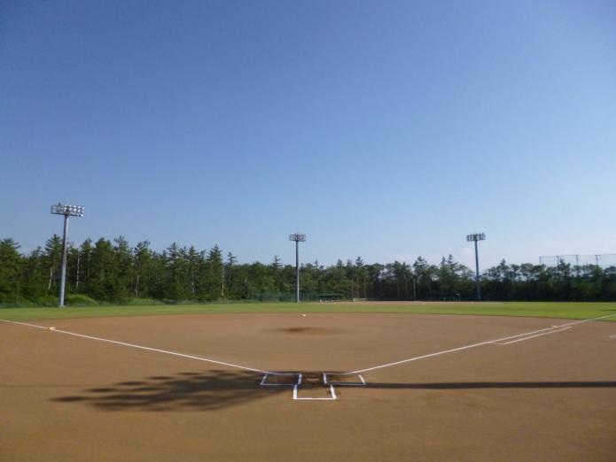 外野は芝生、内野は土の、夜間照明の付いた野球場の写真