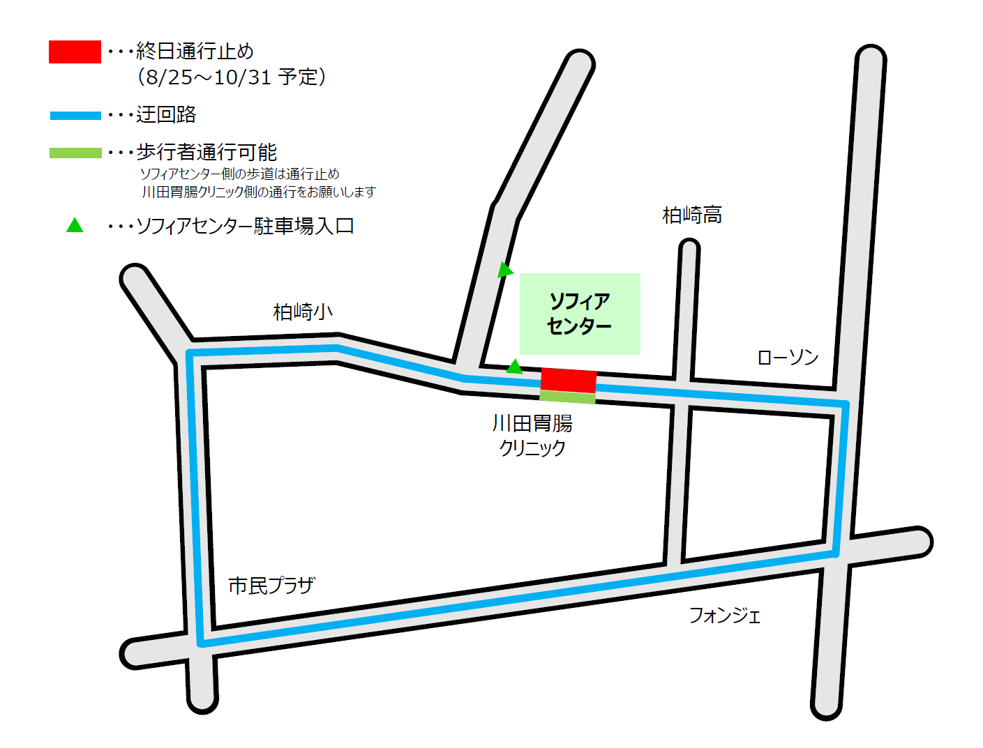 画像:通行止めの場所を示した図。ソフィアセンターと川田胃腸クリニック前の道路の一部が通行止めとなります。通行止めの箇所は赤線で、歩行者通路は黄緑色の線で、迂回路は水色の線で示しています