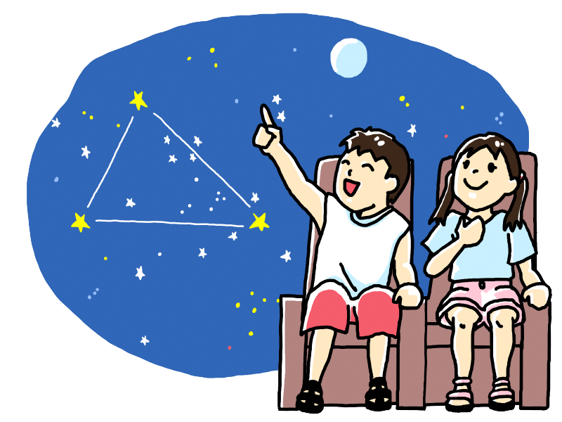 プラネタリウムで夏の星を見る子どものイラスト