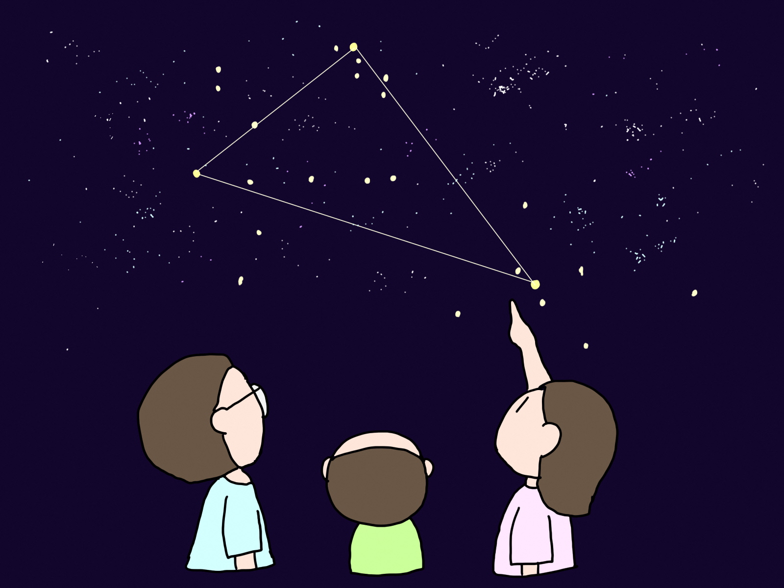 夜空を見上げて夏の大三角をさがす親子のイラスト