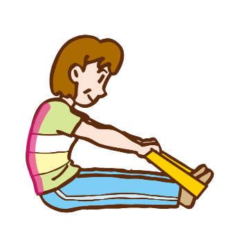 ストレッチをするイラスト。両足を前に伸ばして座り、セラバンドを足先に引っ掛けます。