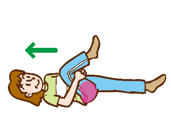 ストレッチをするイラスト。仰向けに寝転び片方の足は延ばします。もう片方の足は膝を曲げて両手を太ももの後ろで組み、お尻の筋肉を伸ばします