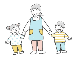 男の子と女の子と手をつなぐエプロン姿の女性のイラスト