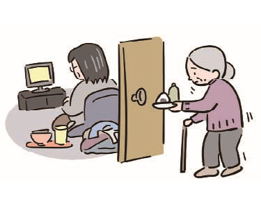 成人した子どもにご飯を運ぶ高齢女性のイラスト