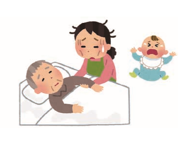 高齢男性の介護をする女性のイラスト。女性の横で赤ちゃんが泣いています