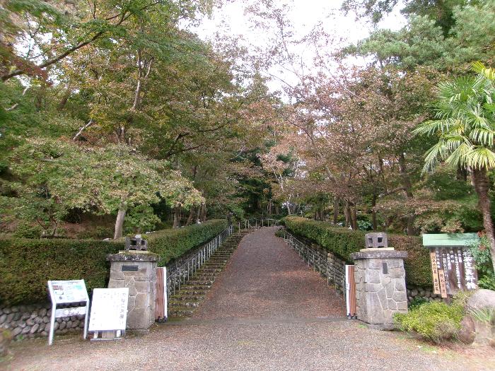 写真：10月27日現在の松雲山荘入口。ほとんどが青葉ですが、赤く色がついた枝も見えます