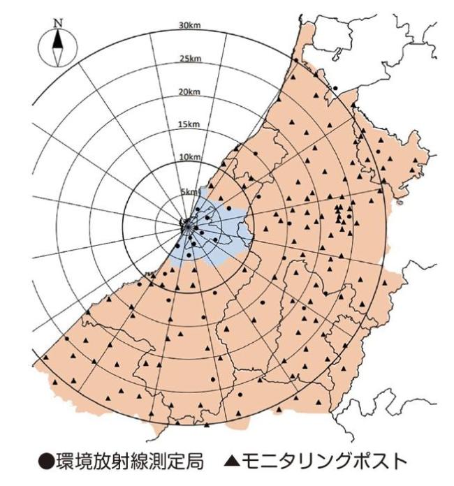 新潟県の地図に環境放射線測定局とモニタリングポストの位置を示したイラスト