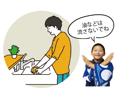 台所で洗い物をする人のイラストと、「油などは流さないでね」と両手でバツ印を作る長尾くんの写真