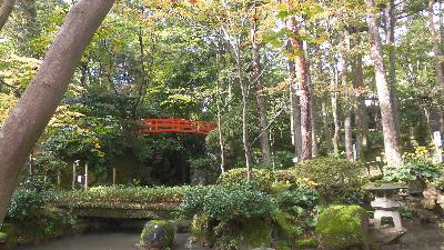 写真：11月2日の園内。色づき前の青々とした木と庭園上部に架かる赤い欄干の橋