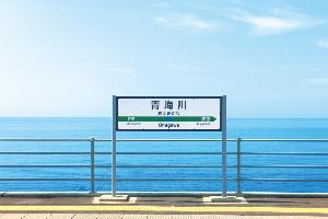写真：背景に海が広がる青海川駅看板