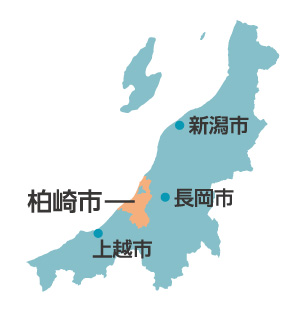 柏崎市の位置を示したイラスト。新潟県の中ほど、日本海沿いにあります