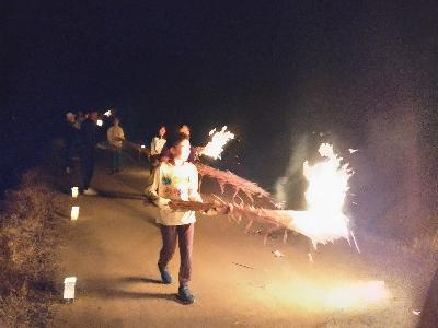 昨年のいな虫おくりの様子。参加者はかがり火を持ち、歩いている。