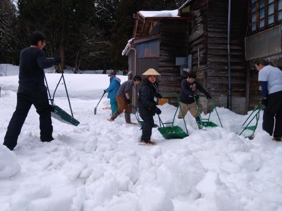 写真：6人ほどのメンバーが民家の軒先に積もった雪を、少しずつ運んでいます