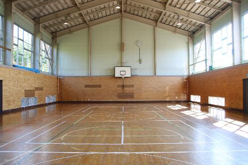 講堂（体育館）。バスケットボールコートが1面とれ、壁にはゴールが備え付けられています。