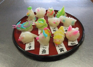 写真：お盆の上に干支の名を書いた紙と十二支のいんころが並んでいます。米粉で練った白い土台に、水色や黄緑色、黄色やピンク色に色づけした目や耳、角のなどがついています