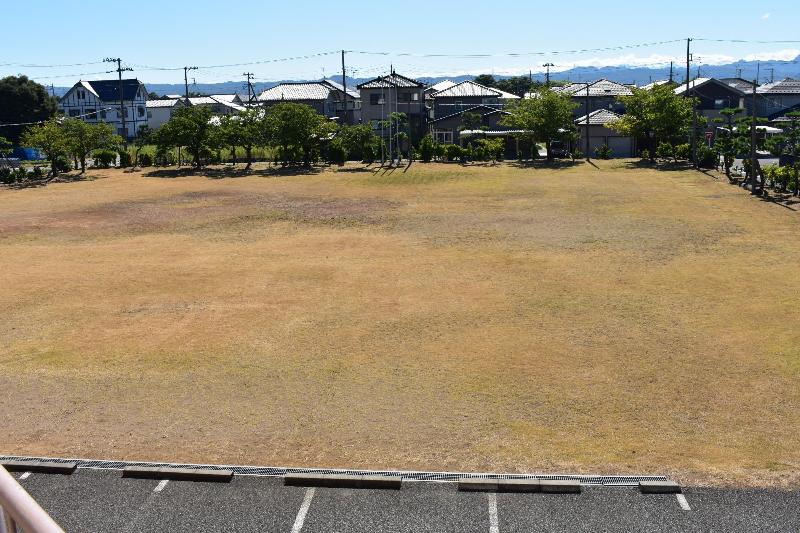 建物裏側にある芝生敷きのグラウンド