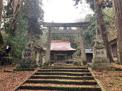 写真：石段と宮川神社の鳥居。鳥居の手前に狛犬があります。