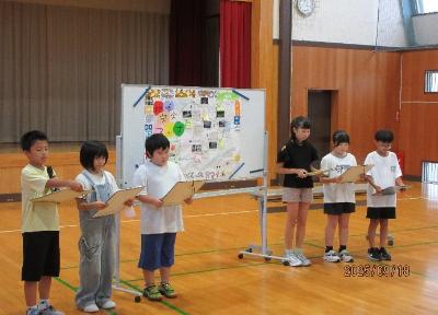 写真：日吉小学校4年生が、完成した「地域安全マップ」を前に発表をしている様子