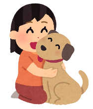 飼い犬をかわいがる女の子のイラスト。犬も女の子も笑顔です。