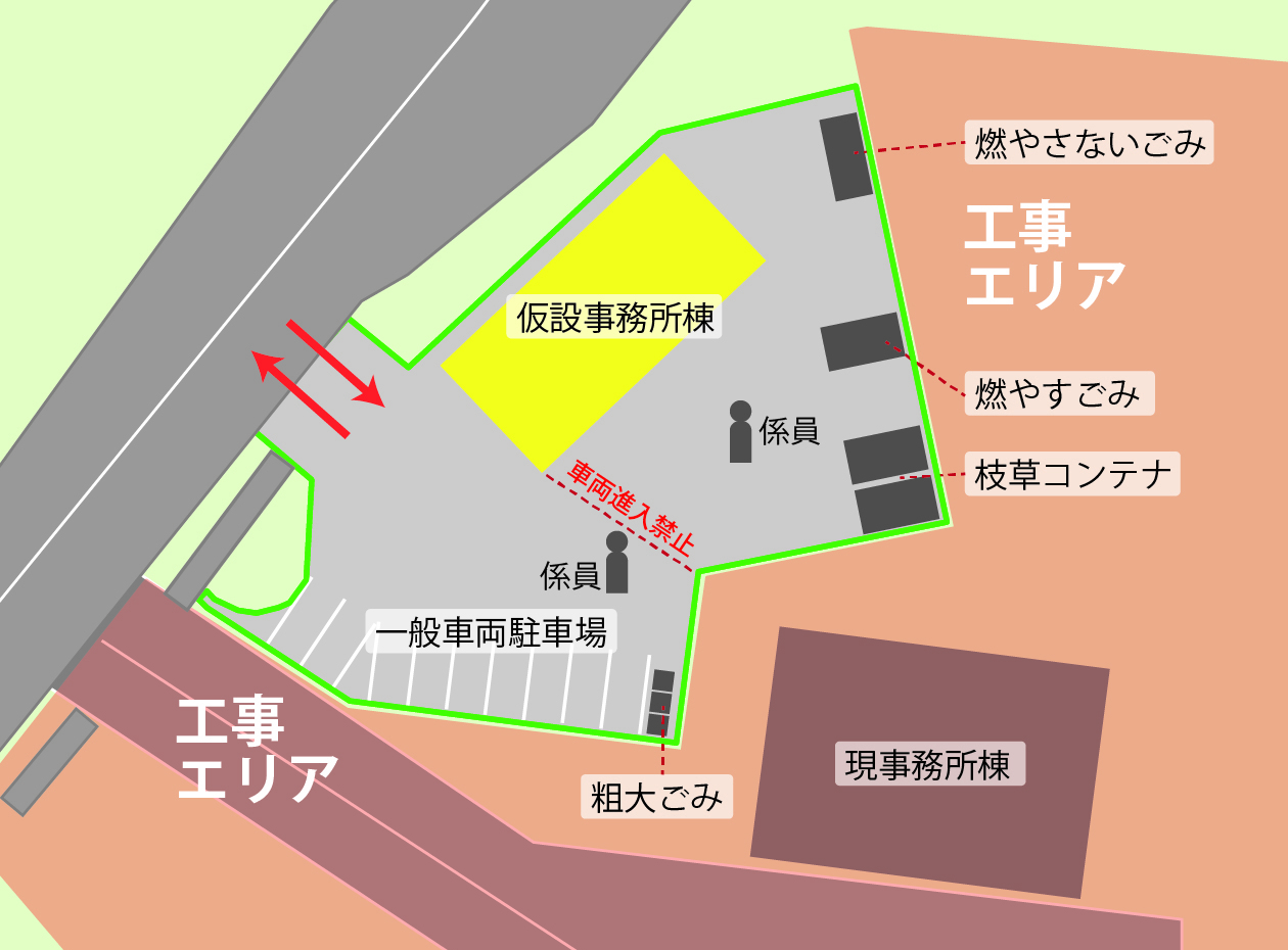 仮設事務所とごみの搬出場所を案内する図面