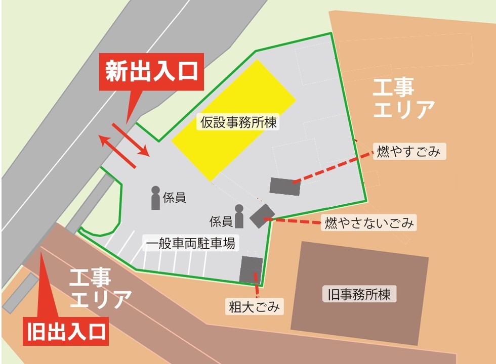 仮設事務所とごみの搬出場所を案内する図面