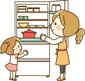 冷蔵庫の中身を確認するお母さんと子どものイラスト