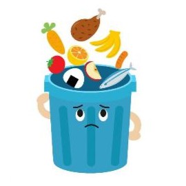青色のポリバケツに食べ物が捨てられるイラスト。ポリバケツには今にも泣きだしそうな顔が描かれています