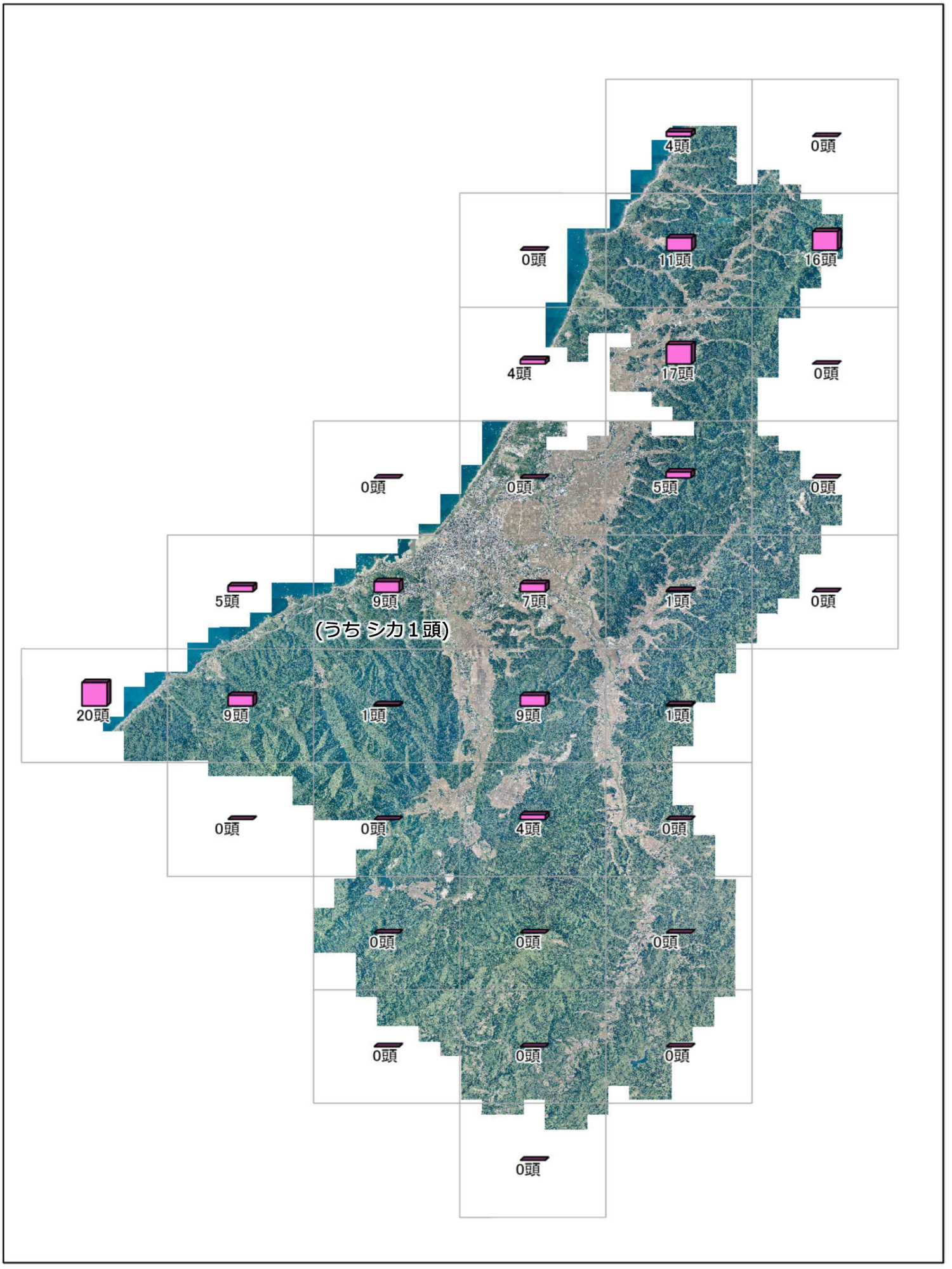 柏崎市の地図を碁盤目状に区切り、エリアごとのイノシシ・シカの捕獲数を示したもの（令和7(2025)年10月2日時点計16頭）