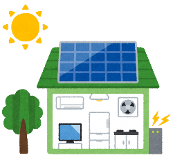 太陽光パネルと蓄電池が設置してある家のイラスト