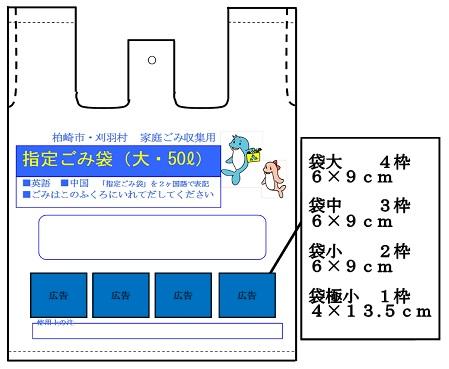 指定ごみ袋に広告が入る場所と、広告の大きさを記載しているイラスト
