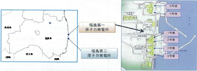 福島第一・第二原子力発電所の位置図及び福島第一原子力発電所の1～6号機の配置図