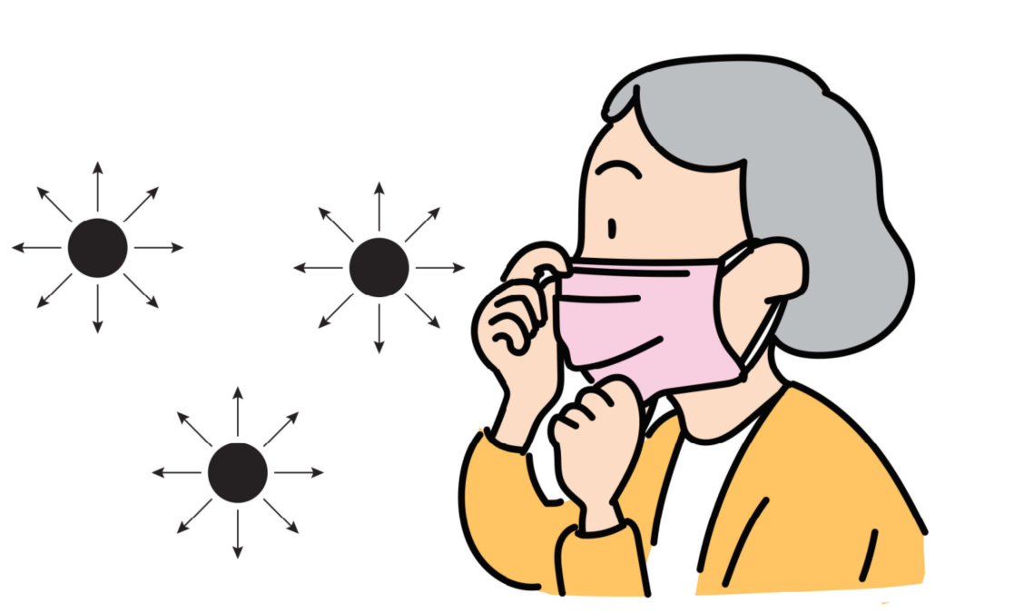 内部被ばくを防ぐ方法について表した図です。マスクや濡れタオルで口や鼻を覆い放射性物質を体の中に入れないことが大切です。