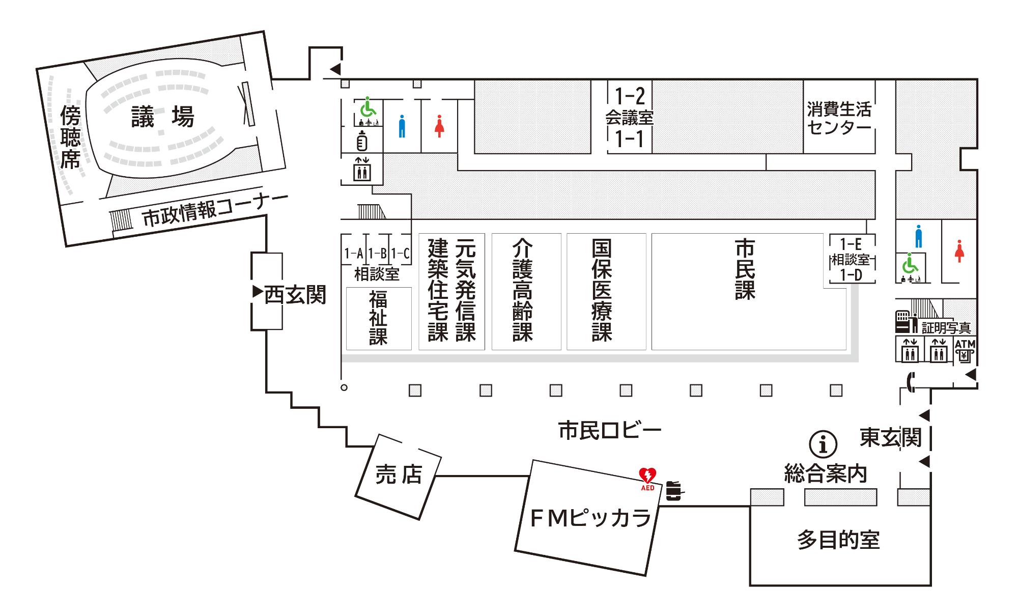 市役所1階のフロア図。市民課、国保医療課、介護高齢課、元気発信課、建築住宅課、福祉課、議場などがあります。