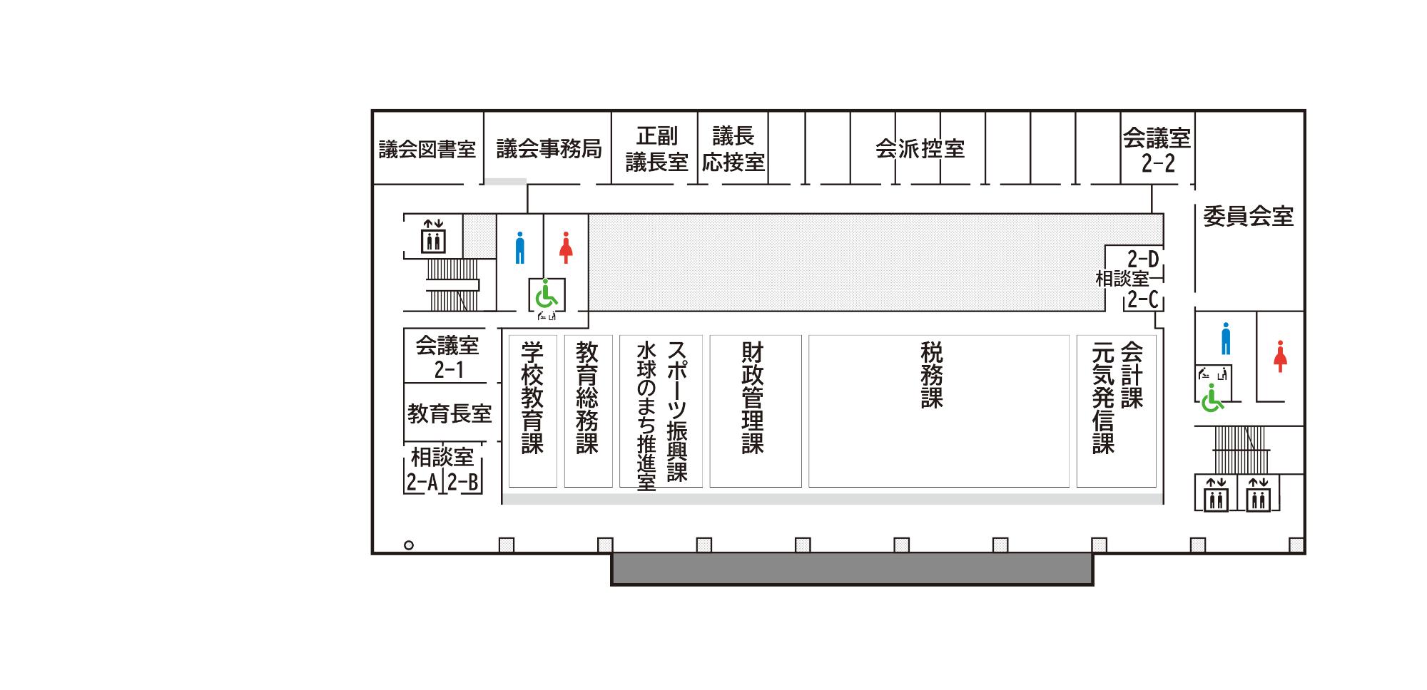 市役所2階のフロア図。会計課、元気発信課、税務課財政管理課、スポーツ振興課、水球のまち推進室、教育総務課、学校教育課があります