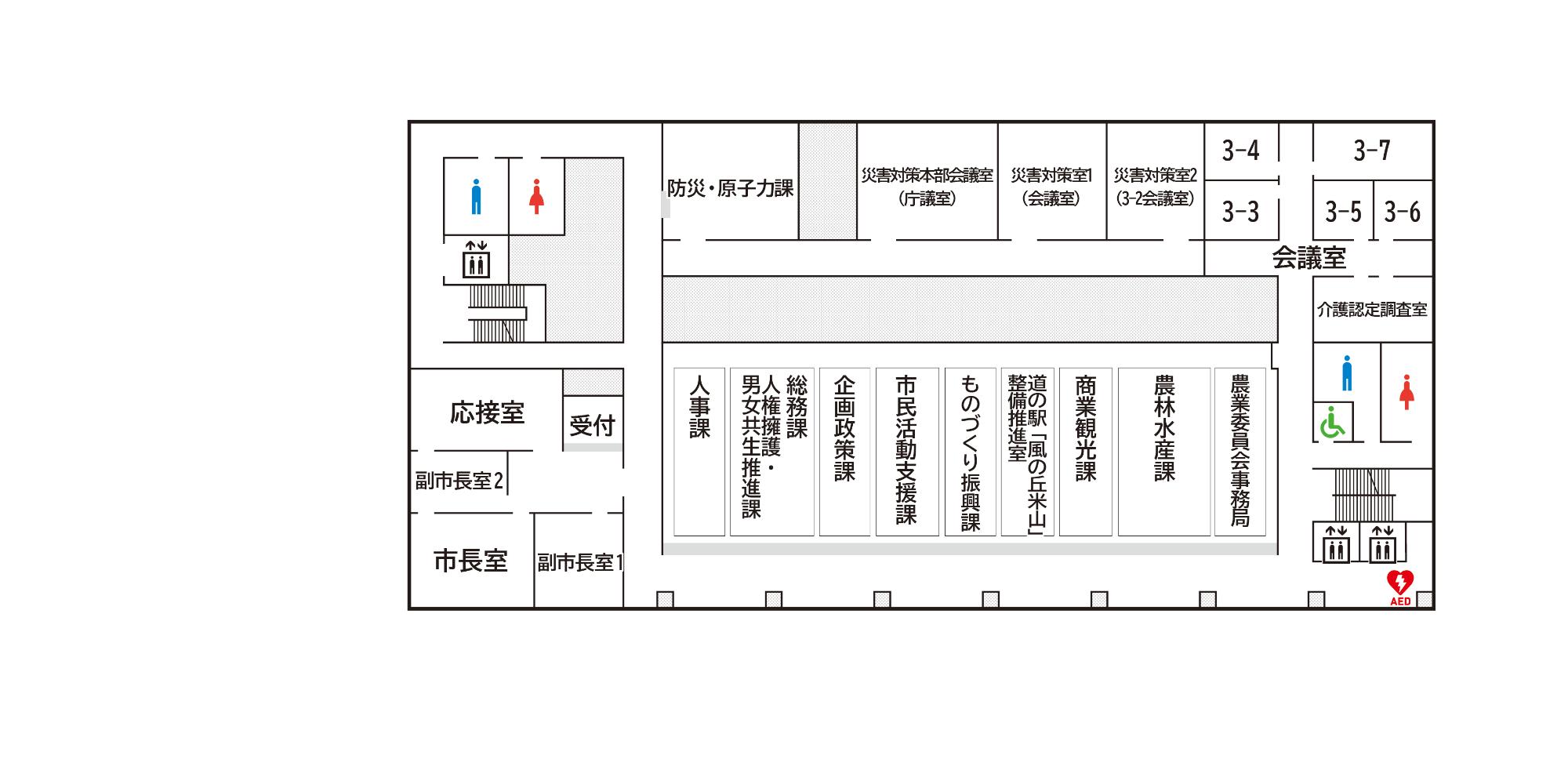 市役所3階のフロア図。農業委員会事務局、農林水産課、商業観光課、ものづくり振興課、企画政策課、人権擁護・男女共生推進課、総務課、人事課などがあります