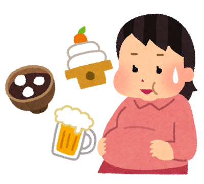 年末年始に餅やお汁粉、ビールなど暴飲暴食してしまった女性のお腹が膨れてしまい困っているイラスト