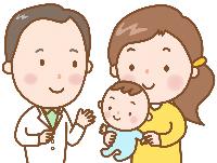 乳幼児健診のイメージイラスト。お母さんが抱っこした子どもの様子を見る小児科医。