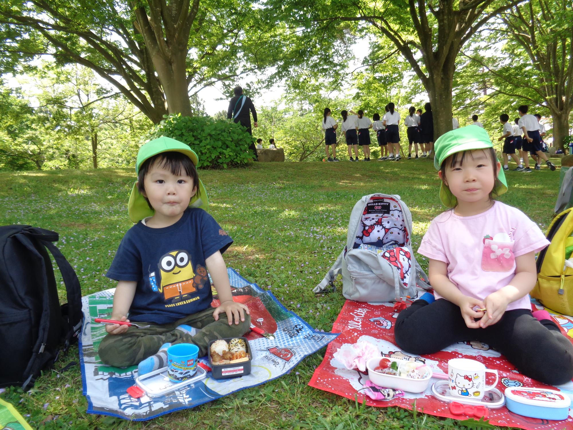 写真：芝生の上にレジャーシートを敷き、お弁当を食べる男児と女児