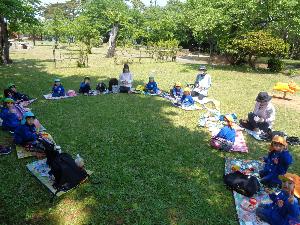 赤坂山公園で、シートを広げてお弁当を食べる子どもたちの写真