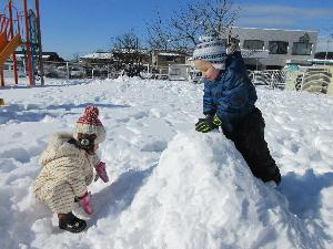 写真：2人の3歳児がかまくらを作ろうと、雪を集めている様子。