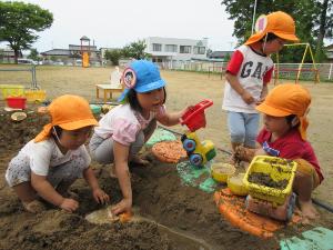 きりん組の女児1名とうさぎ組の男児2名、女子1名が砂場で掘った穴に水を流しているところ